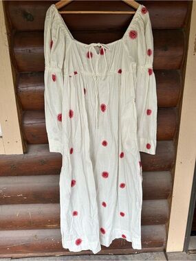 White Maxi Peasant Dress with Red Embroidered Flowers - Free People